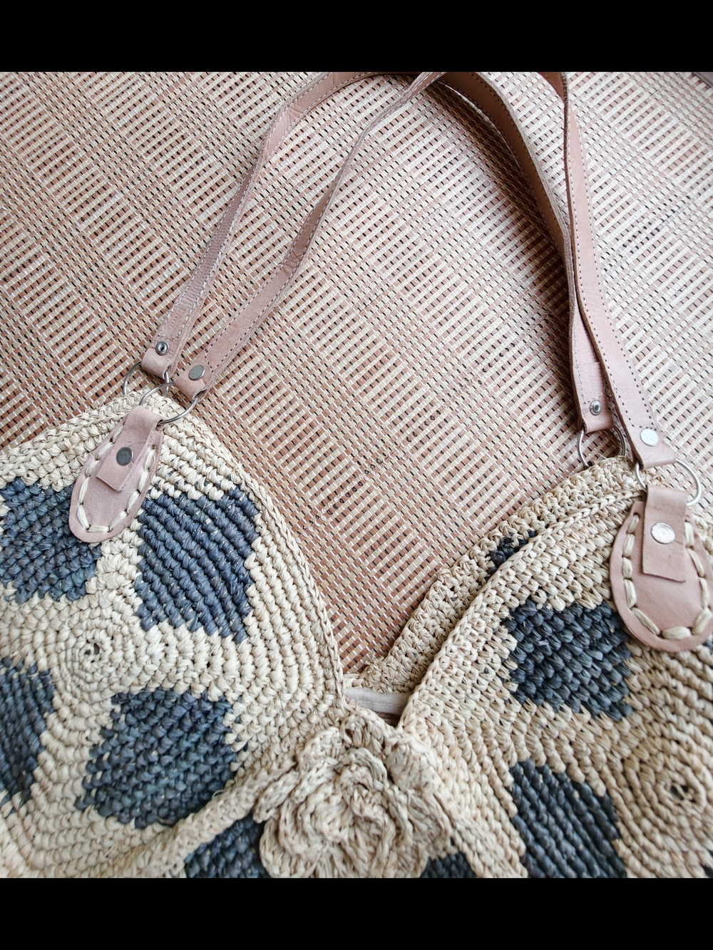 Handwoven raffia Straw Tote Bag with Gray Accent - Picture 10 of 13